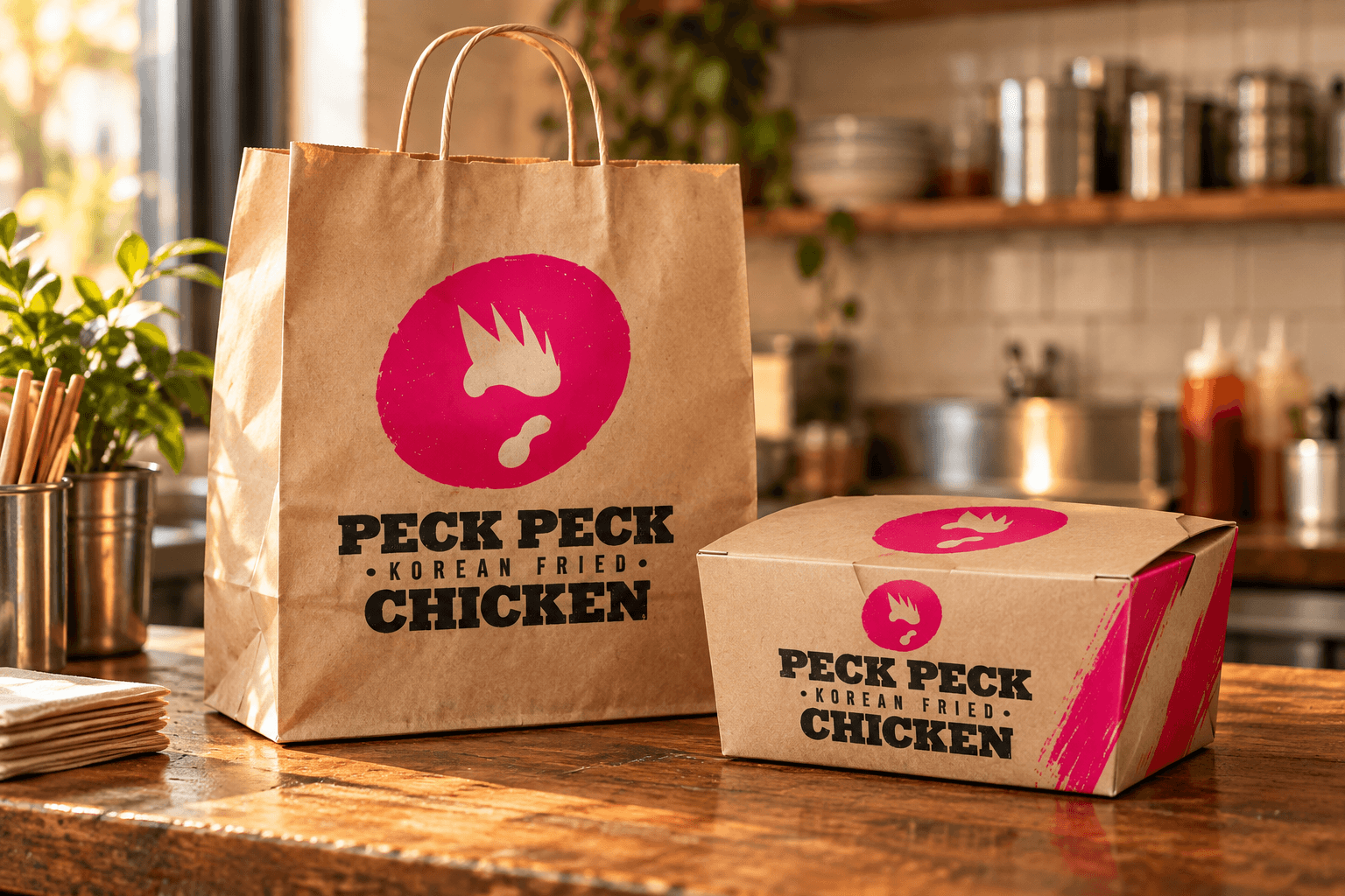 Concept Peck Peck kraft takeaway bag and box with the slab logo and pink chicken stamp